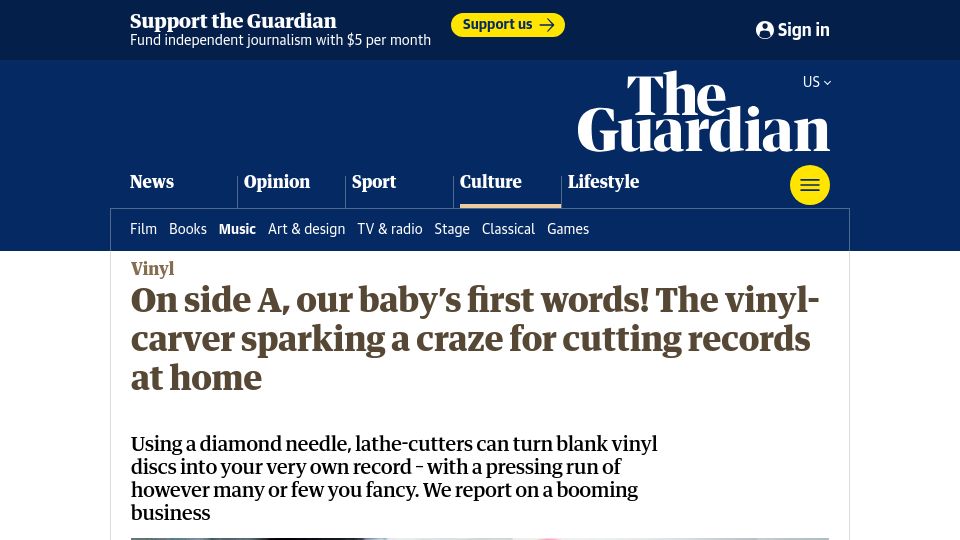 Screenshot of theguardian.com: Vinyl carver sparking a craze for cutting records at home