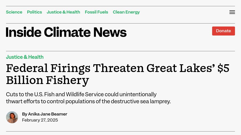 Screenshot of insideclimatenews.org: Federal Firings Threaten Great Lakes' $5B Fishery