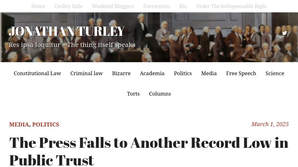 Screenshot of jonathanturley.org: The Press Falls to Another Record Low in Public Trust