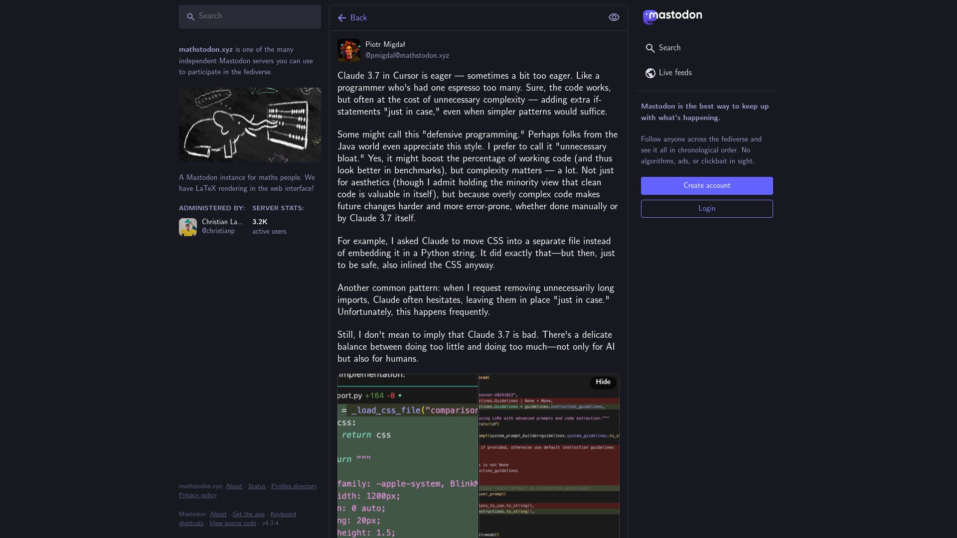 Screenshot of mathstodon.xyz: Claude 3.7 in Cursor is eager – sometimes a bit too eager