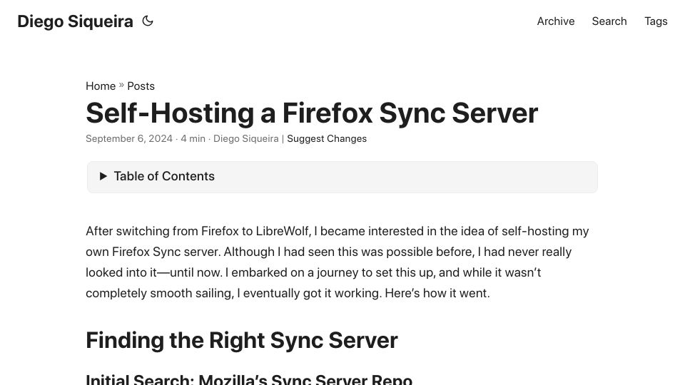 Screenshot of blog.diego.dev: Self-Hosting a Firefox Sync Server