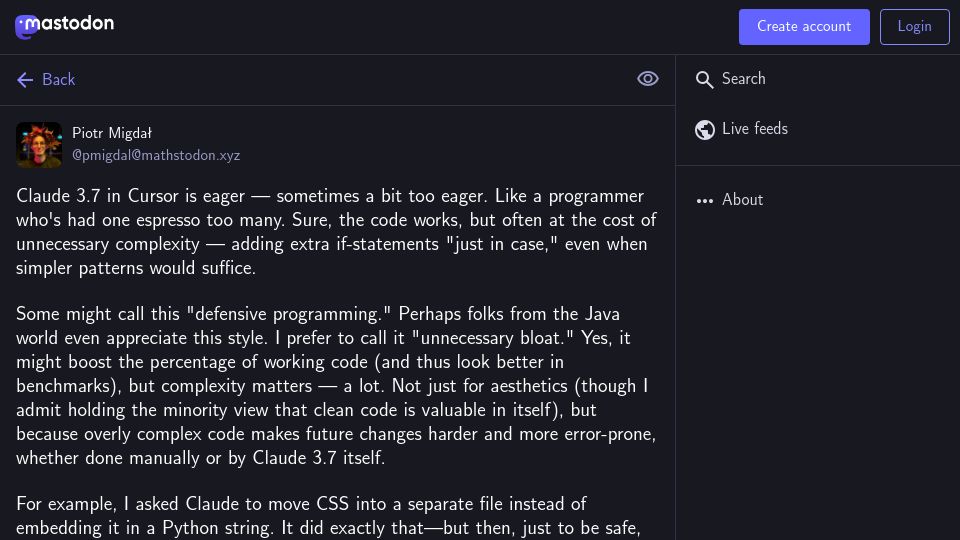 Screenshot of mathstodon.xyz: Claude 3.7 in Cursor is eager – sometimes a bit too eager