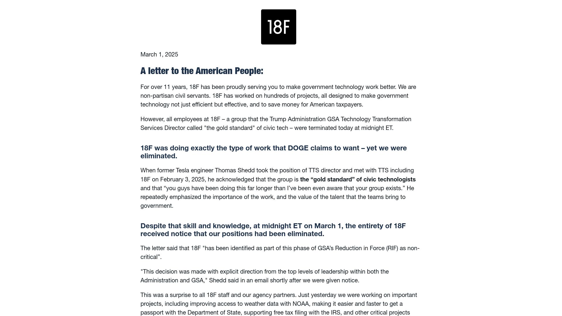Screenshot of 18f.org: A Letter to the American People