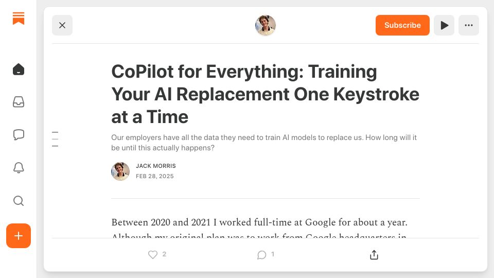 Screenshot of substack.com: Copilot for Everything: Training your AI replacement one keystroke at a time