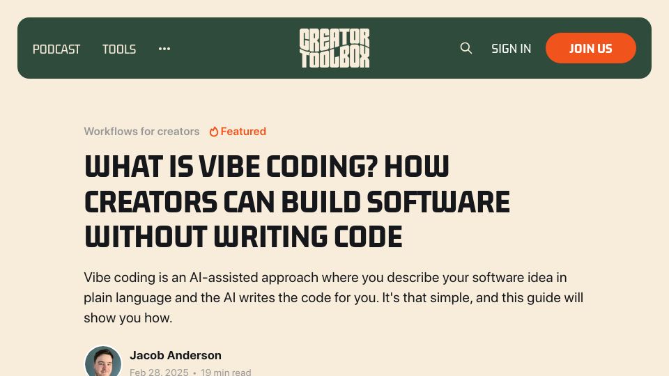 Screenshot of alitu.com: What is vibe coding? How creators are building software with no coding knowledge