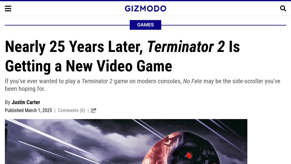 Screenshot of gizmodo.com: Nearly 25 years later, Terminator 2 is getting a new video game