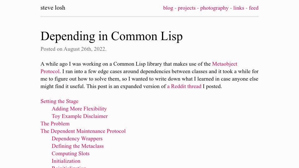 Screenshot of stevelosh.com: Depending in Common Lisp – Using the CLOS dependent maintenance protocol (2022)