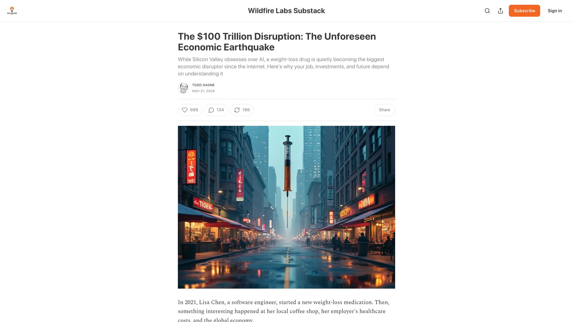 Screenshot of wildfirelabs.substack.com: GLP-1 drugs: An economic disruptor? (2024)