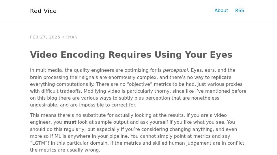 Screenshot of redvice.org: Video encoding requires using your eyes