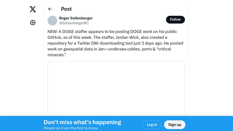 Screenshot of twitter.com: A DOGE staffer appears to be posting DOGE work on his public GitHub