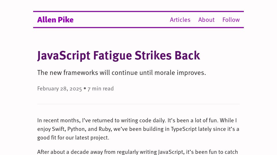 Screenshot of allenpike.com: JavaScript Fatigue Strikes Back