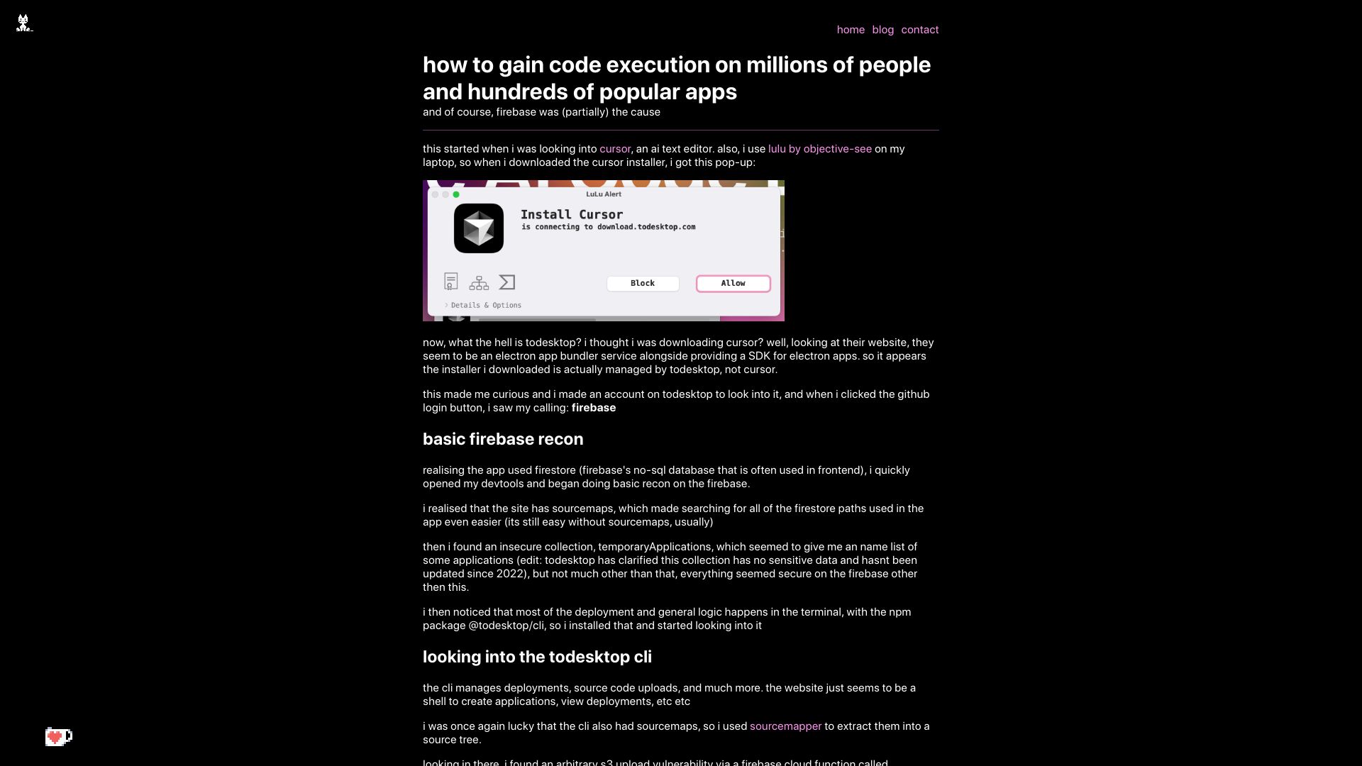 Screenshot of kibty.town: How to gain code execution on hundreds of millions of people and popular apps