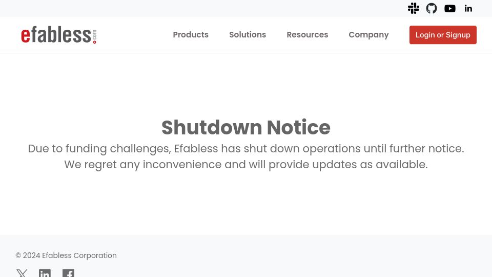 Screenshot of efabless.com: Efabless – Shutdown Notice