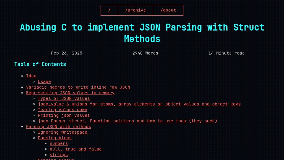 Screenshot of xnacly.me: Abusing C to implement JSON parsing with struct methods