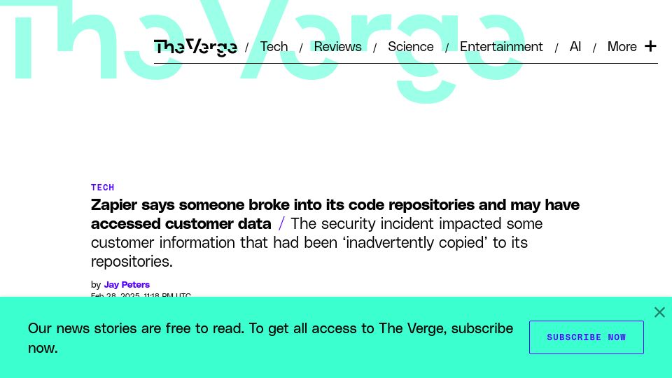 Screenshot of theverge.com: Zapier says someone broke into its code repositories and may have customer data