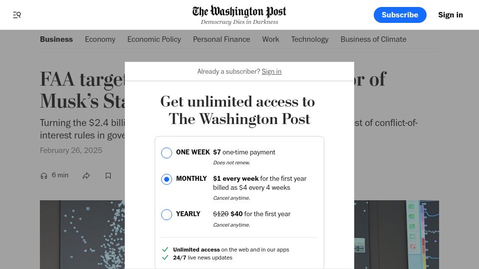 Screenshot of washingtonpost.com: FAA targeting Verizon contract in favor of SpaceX