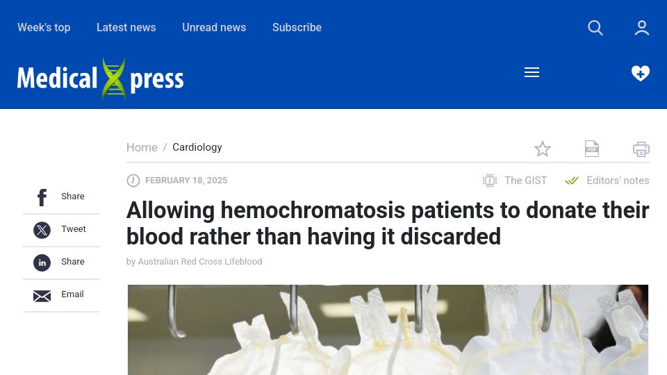 Screenshot of medicalxpress.com: Hemochromatosis patients can donate their blood rather than having it discarded