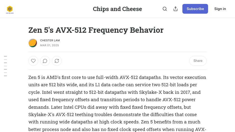 Screenshot of chipsandcheese.com: Zen 5's AVX-512 Frequency Behavior