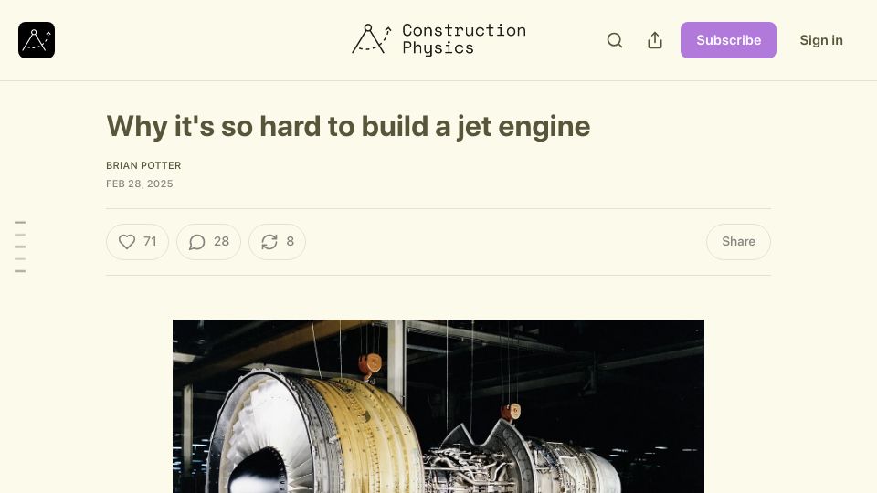 Screenshot of construction-physics.com: Why it's so hard to build a jet engine