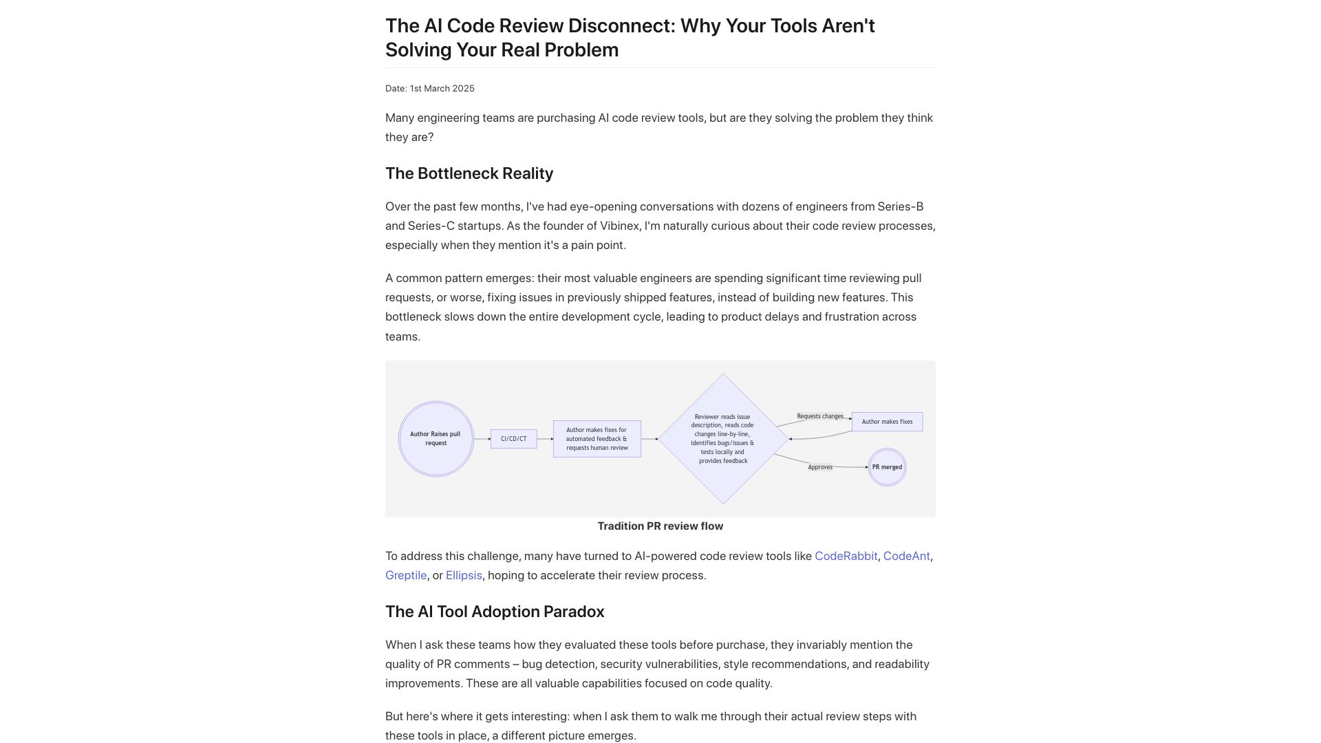 Screenshot of avikalpg.github.io: The AI Code Review Disconnect: Why Your Tools Aren't Solving Your Real Problem