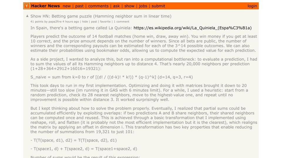 Screenshot of Hacker News post: Show HN: Betting game puzzle (Hamming neighbor sum in linear time)