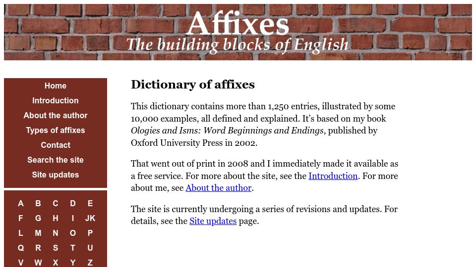 Screenshot of affixes.org: Affixes: The Building Blocks of English