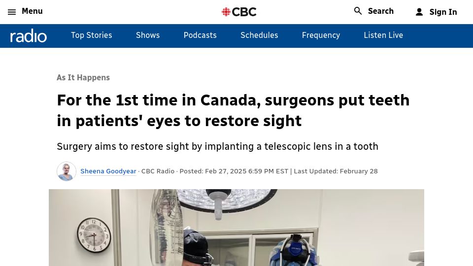 Screenshot of cbc.ca: Surgery implants tooth material in eye as scaffolding for lens