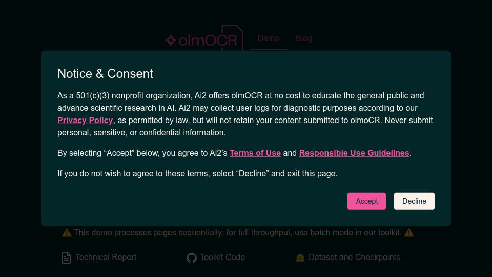 Screenshot of olmocr.allenai.org: OlmOCR: Open-source tool to extract plain text from PDFs