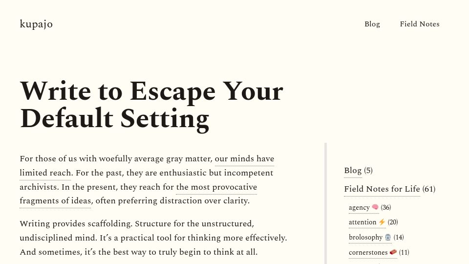 Screenshot of kupajo.com: Write to Escape Your Default Setting