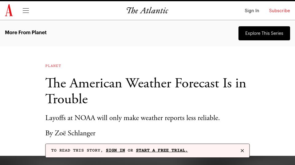 Screenshot of theatlantic.com: The American Weather Forecast Is in Trouble