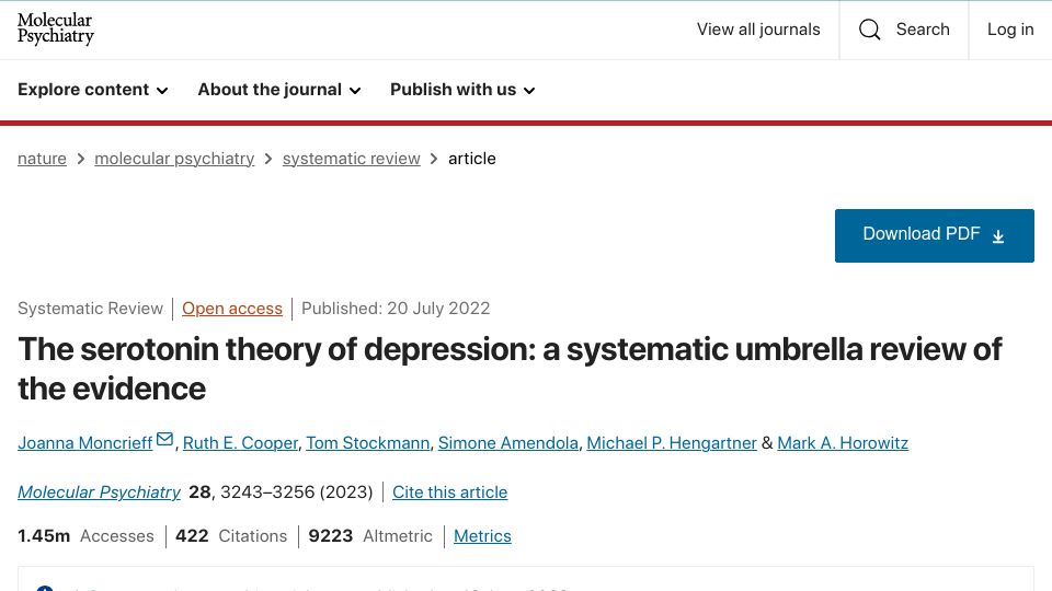 Screenshot of nature.com: The serotonin theory of depression: a systematic review of the evidence (2022)