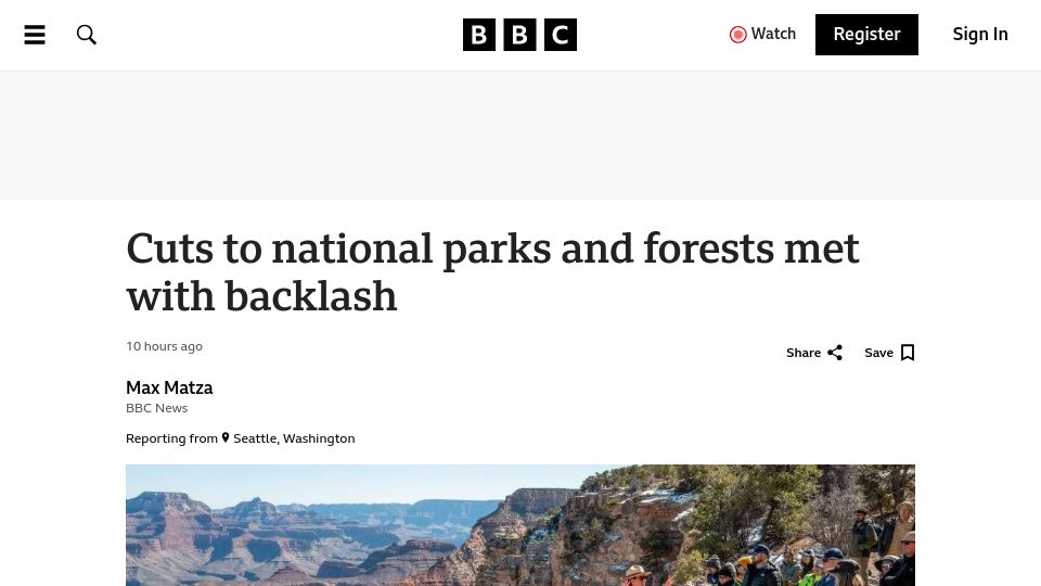 Screenshot of bbc.com: Cuts to US national parks and forests met with backlash