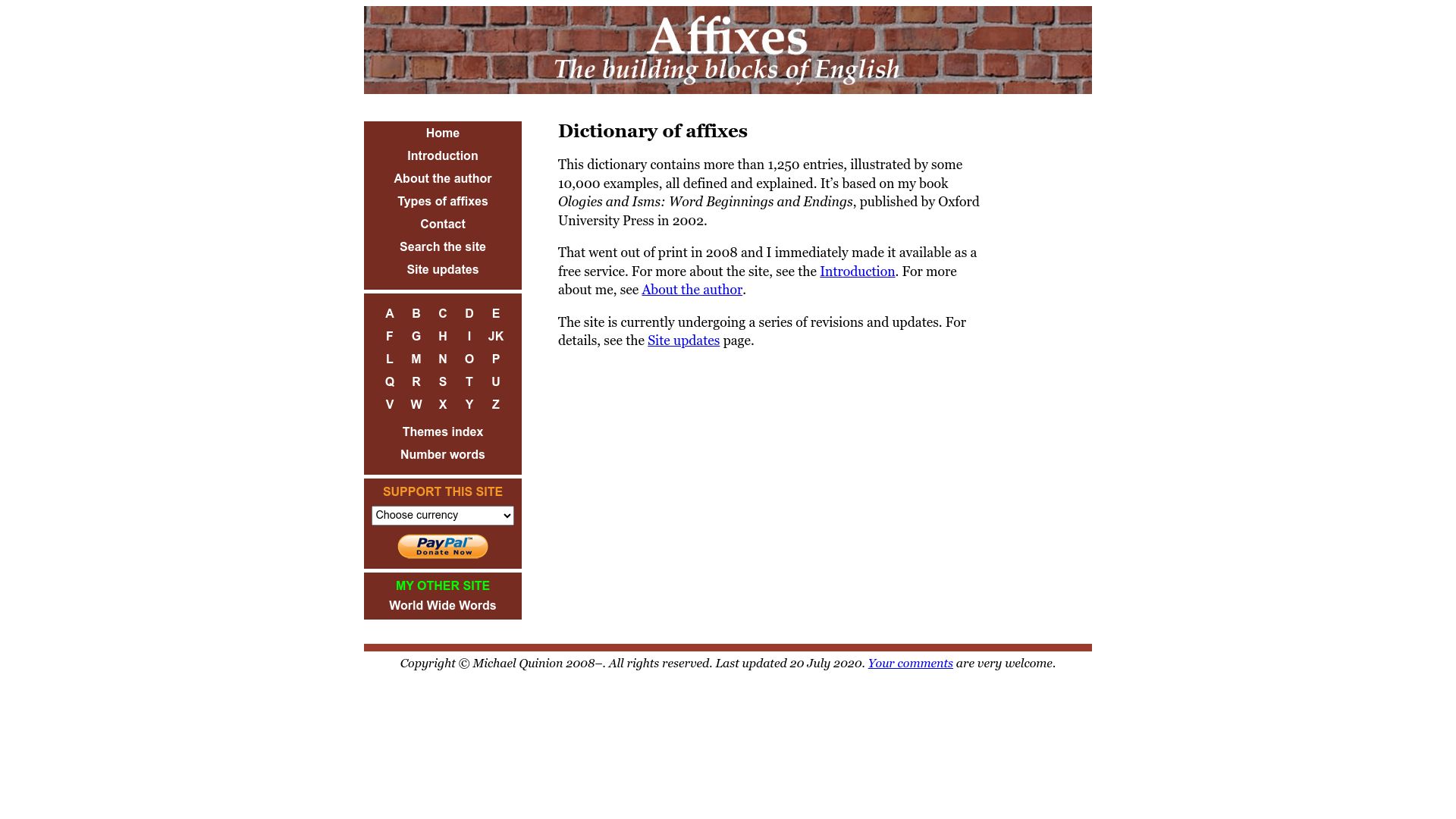 Screenshot of affixes.org: Affixes: The Building Blocks of English
