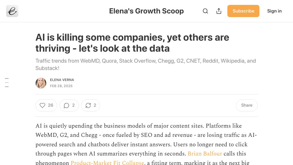 Screenshot of elenaverna.com: AI is killing some companies, yet others are thriving – let's look at the data