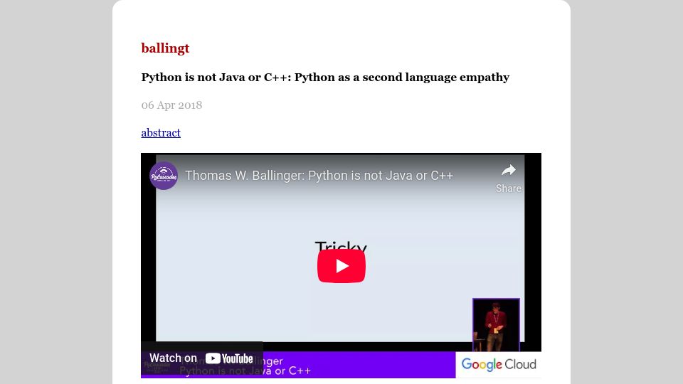 Screenshot of ballingt.com: Python as a second language empathy (2018)