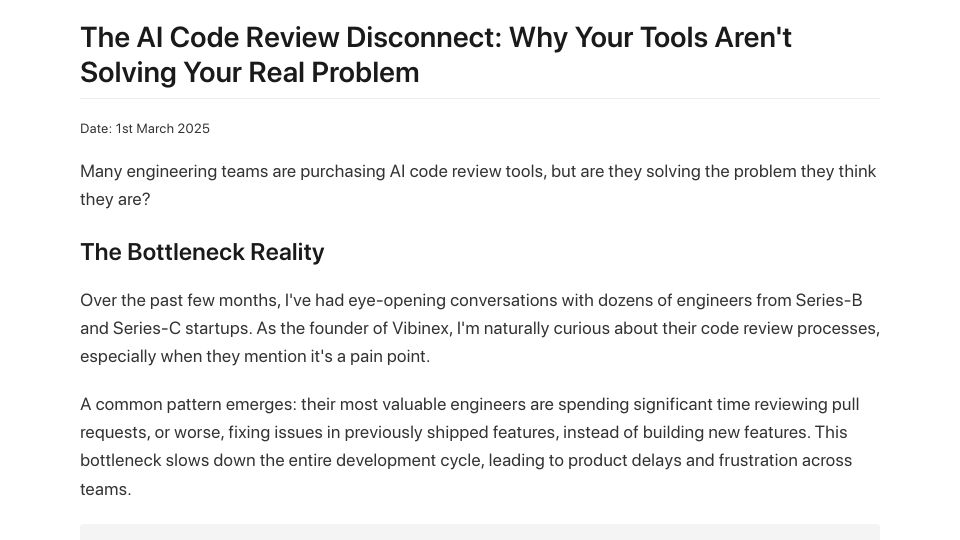 Screenshot of avikalpg.github.io: The AI Code Review Disconnect: Why Your Tools Aren't Solving Your Real Problem