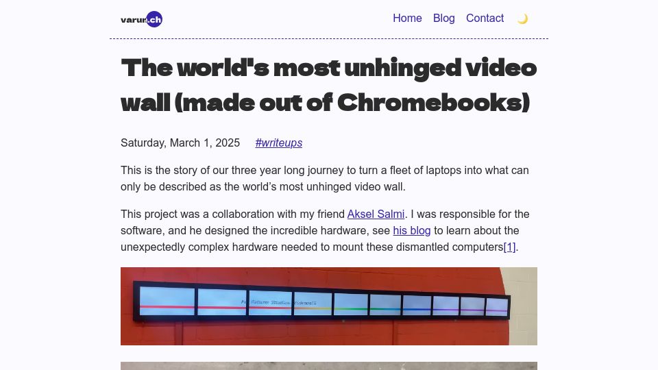 Screenshot of varun.ch: The most unhinged video wall, made out of Chromebooks