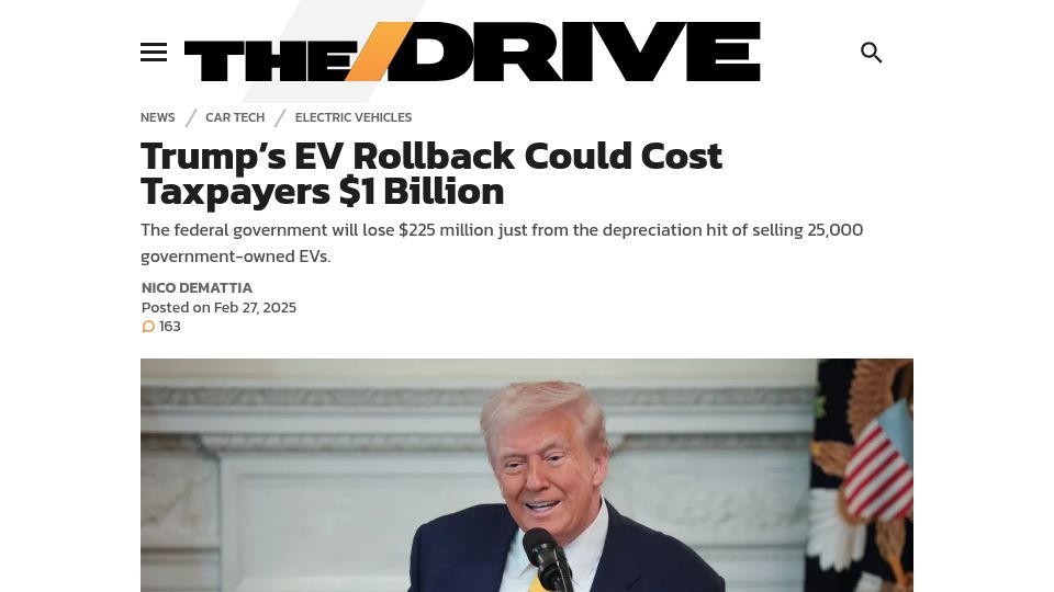 Screenshot of thedrive.com: Trump's EV Rollback Could Cost Taxpayers $1B