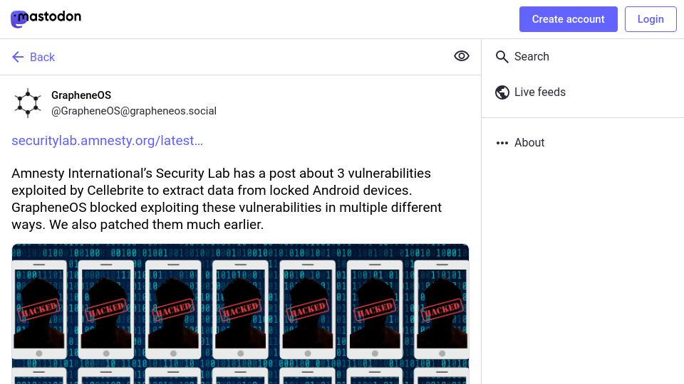 Screenshot of grapheneos.social: GrapheneOS blocked exploitation of 3 Android zero-days used by Cellebrite