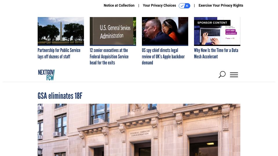 Screenshot of nextgov.com: GSA Eliminates 18F