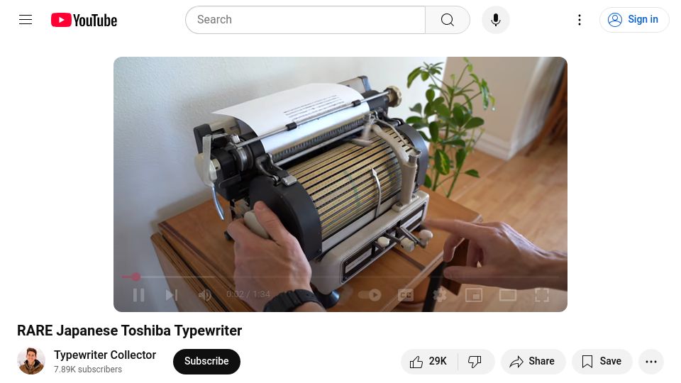 Screenshot of youtube.com: Japanese Toshiba Typewriter Model BW-2112 (2020) [video]