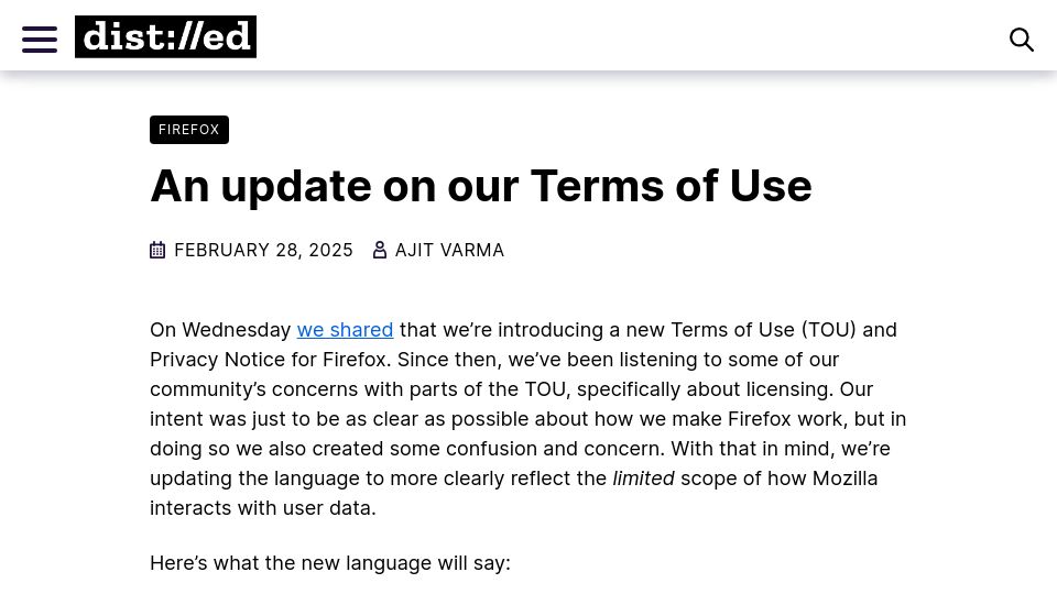 Screenshot of blog.mozilla.org: An update on Mozilla's terms of use for Firefox