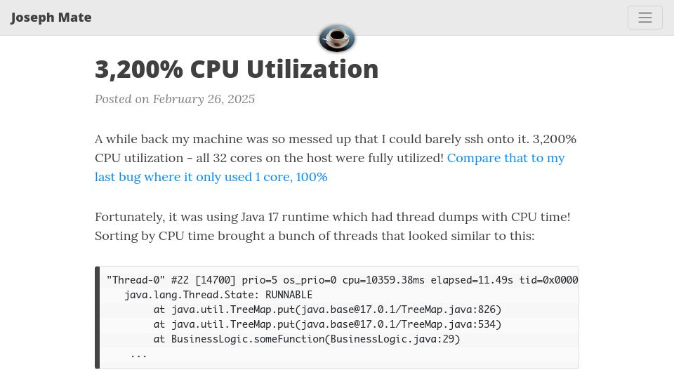 Screenshot of josephmate.github.io: 3,200% CPU Utilization
