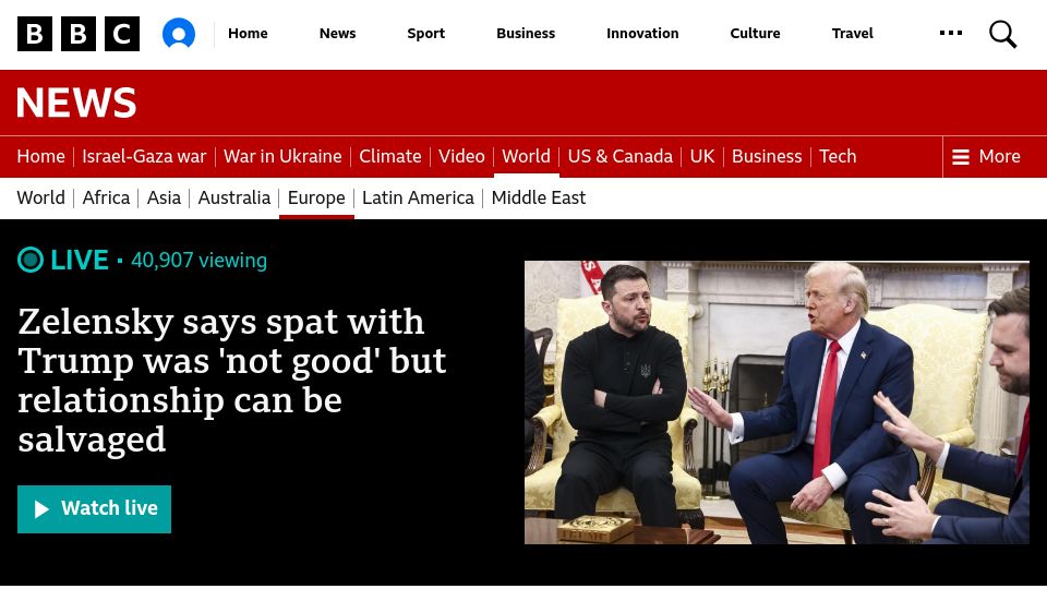 Screenshot of bbc.com: Zelensky leaves White House after angry meeting