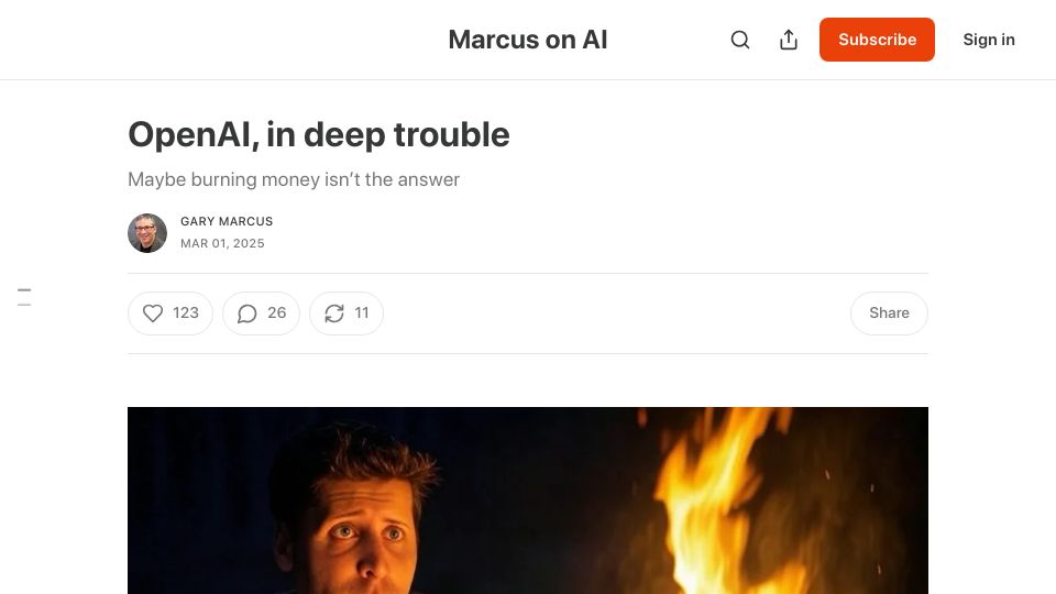 Screenshot of garymarcus.substack.com: Open AI in Trouble