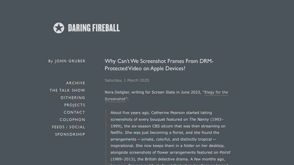 Screenshot of daringfireball.net: Why can't we screenshot frames from DRM-protected video on Apple devices?