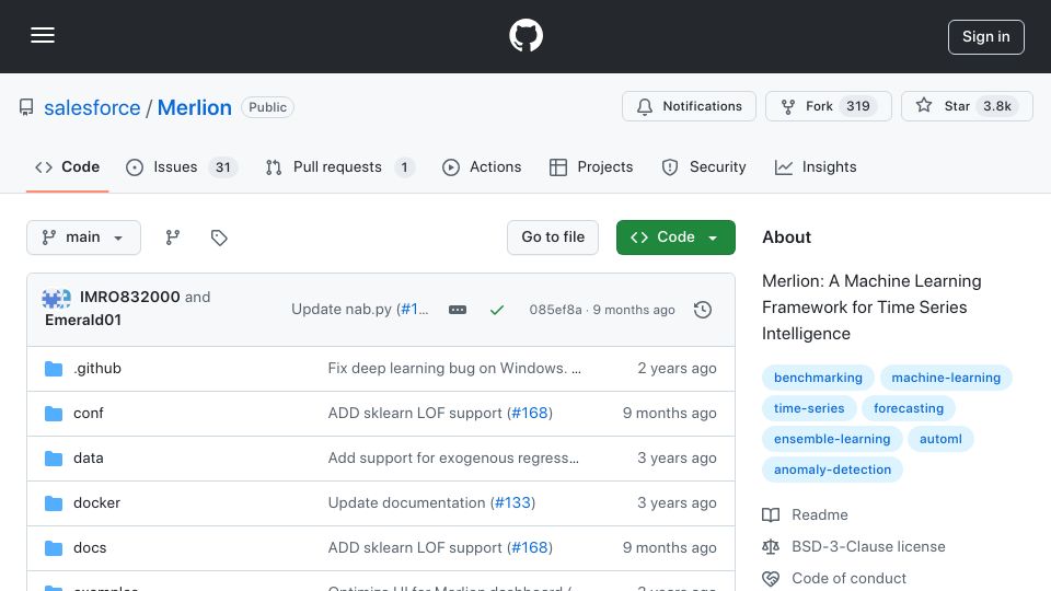 Screenshot of github.com: Merlion: A Machine Learning Framework for Time Series Intelligence