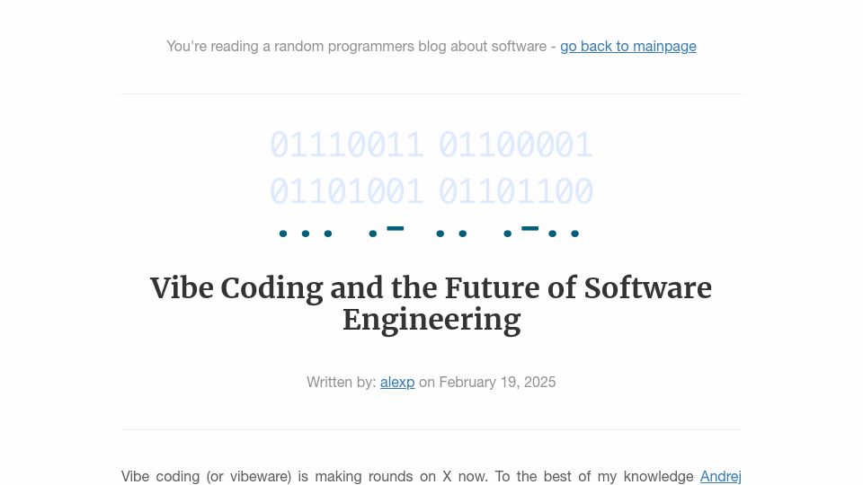 Screenshot of alexp.pl: Vibe Coding and the Future of Software Engineering