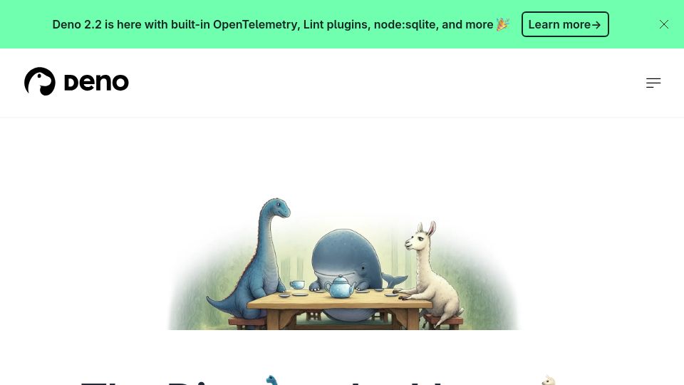 Screenshot of deno.com: The Dino, the Llama, and the Whale (Deno and Jupyter for Local AI Experiments)