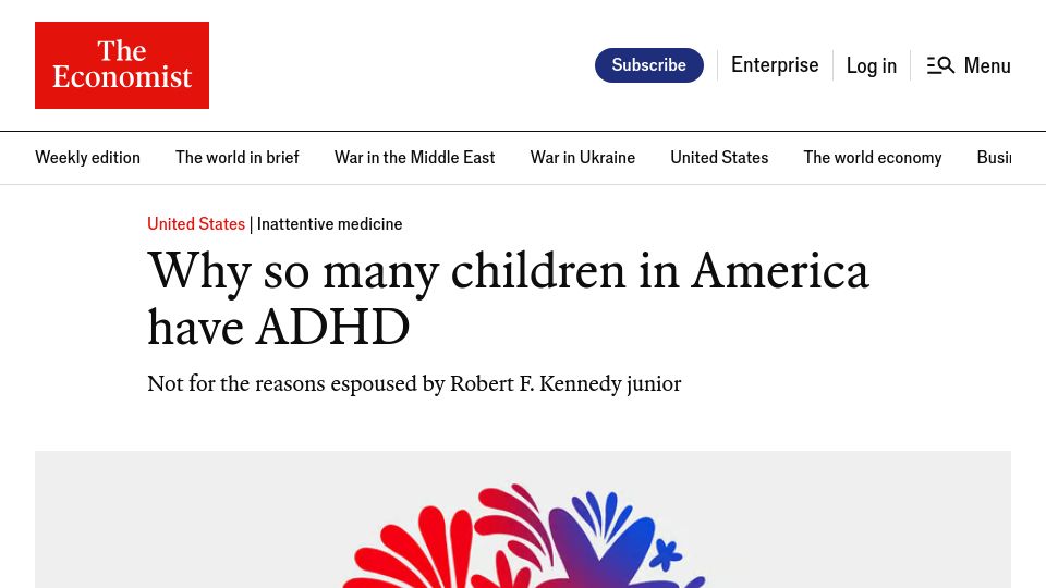 Screenshot of economist.com: Why so many children in America have ADHD